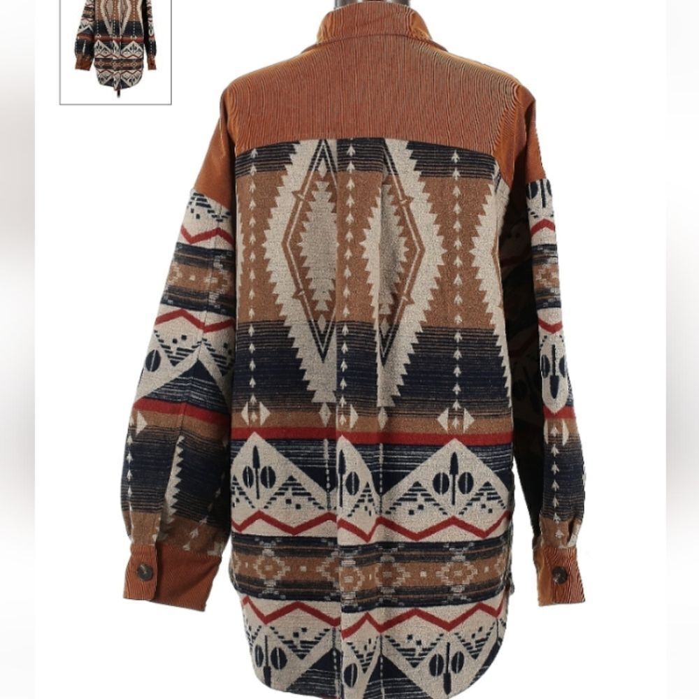 Western Shaket Sweater Jacket Tribal Aztec Print brown black buttondown L - Picture 3 of 13